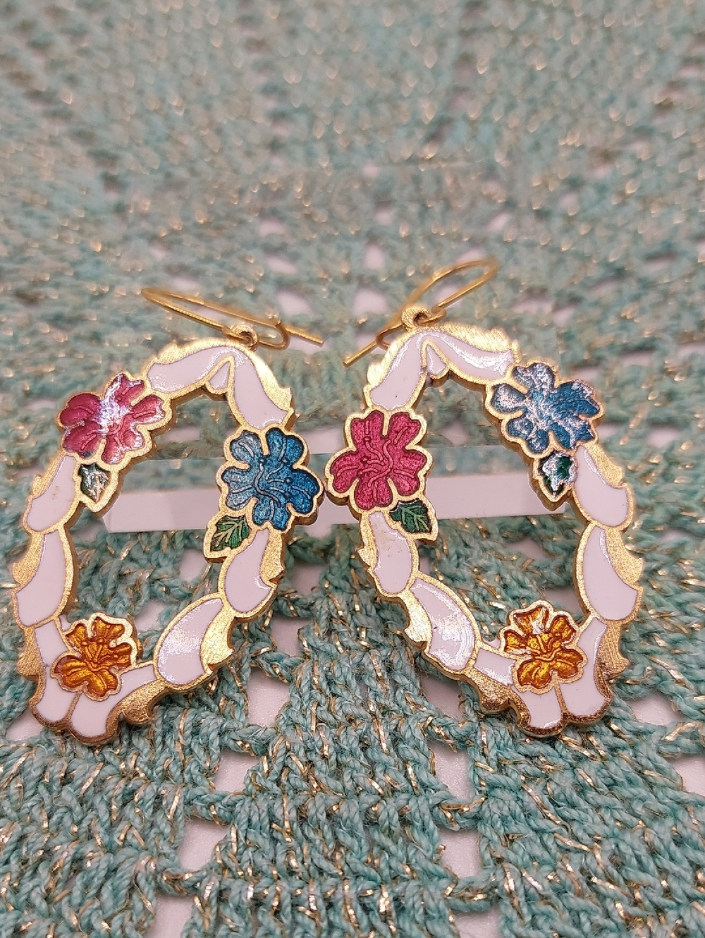 Cloisonne Floral Vintage Enamel French Wire Earrings White Multicolor Flowers